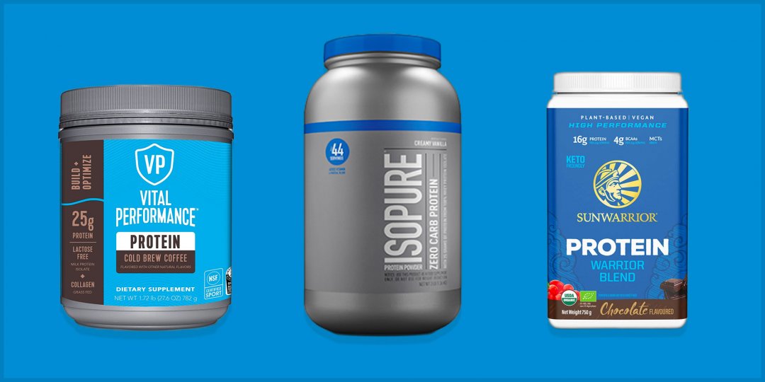 Three protein powders on blue background