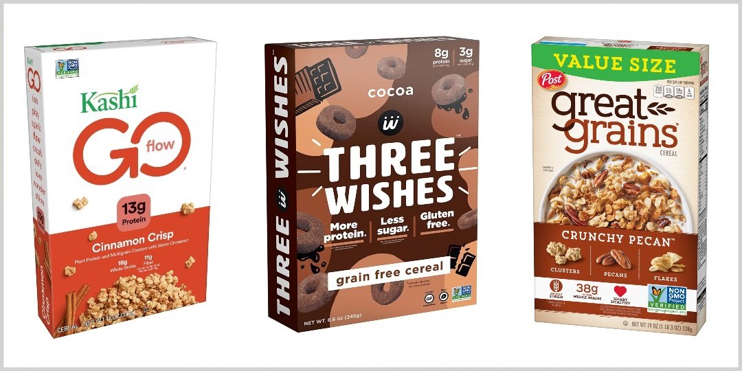 Trio of cereal boxes from left to right: box of Kashi GO Flow Cinnamon Crisp, Three Wishes Cocoa grain-free cereal, and Post Great Grains Cr