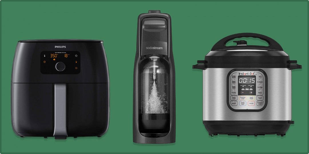 Airfryer, Sodastream, and Instant Pot on green background