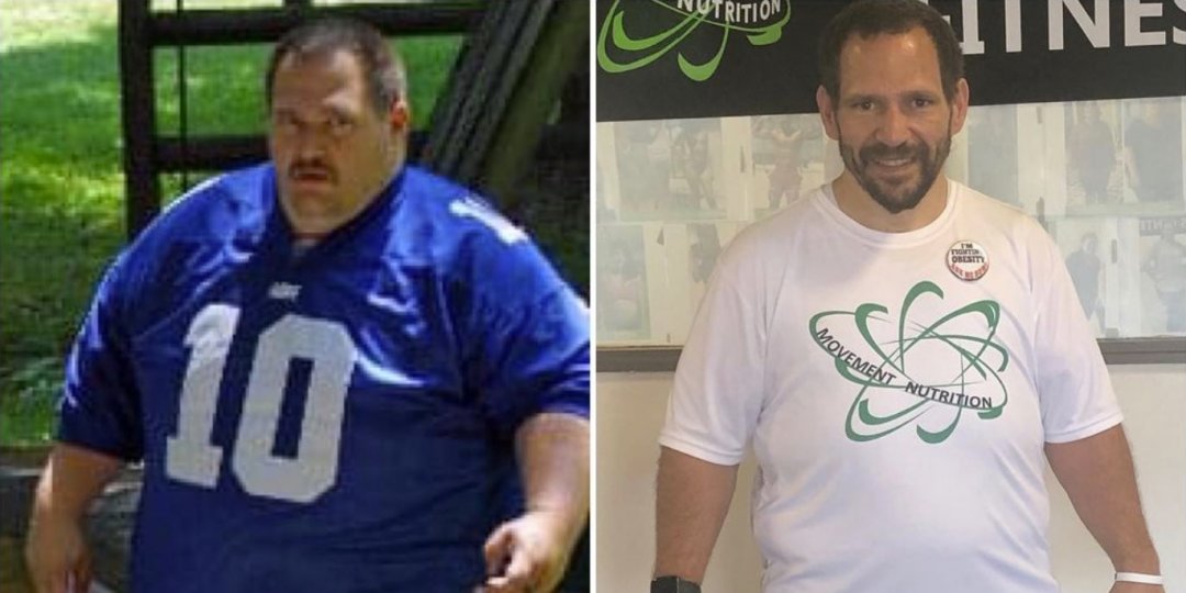 Scott Santarlas before his 250-pound weight loss, and after.