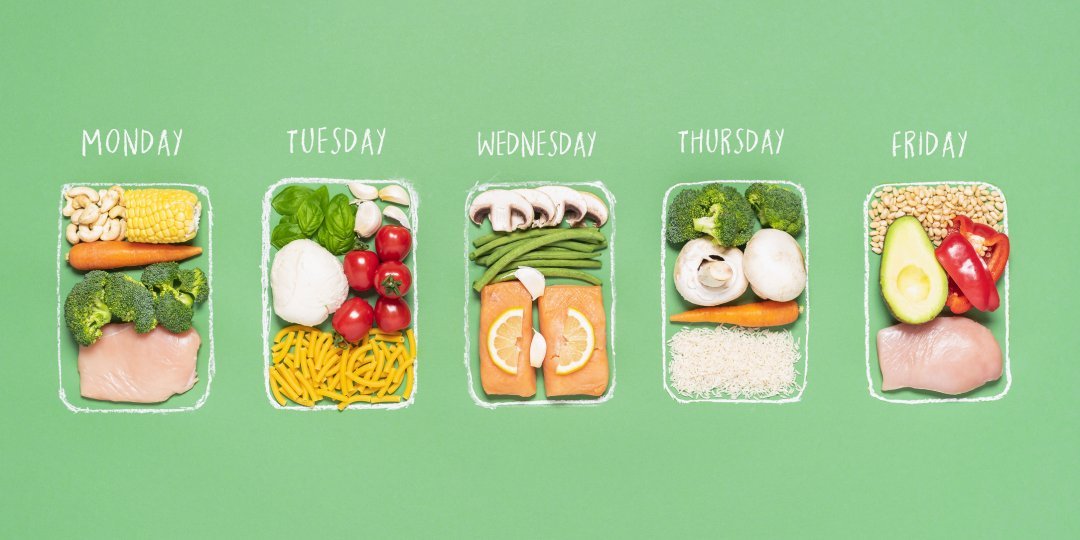 Weekly meal plan. Meal prep concept. Raw food ingredients in boxes