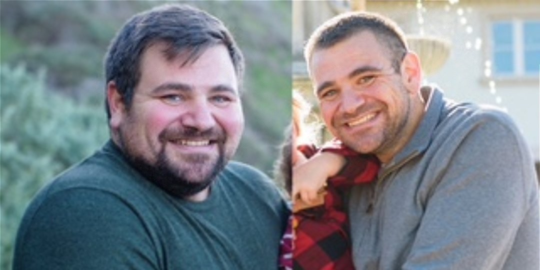 A before and after photo comparison of Brett Danna who lost over 130 pounds on Noom.